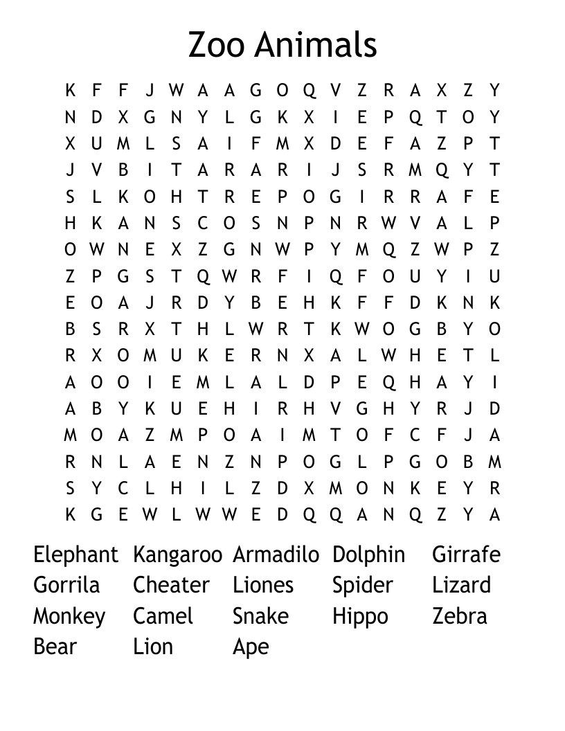 Zoo Animals Word Search WordMint