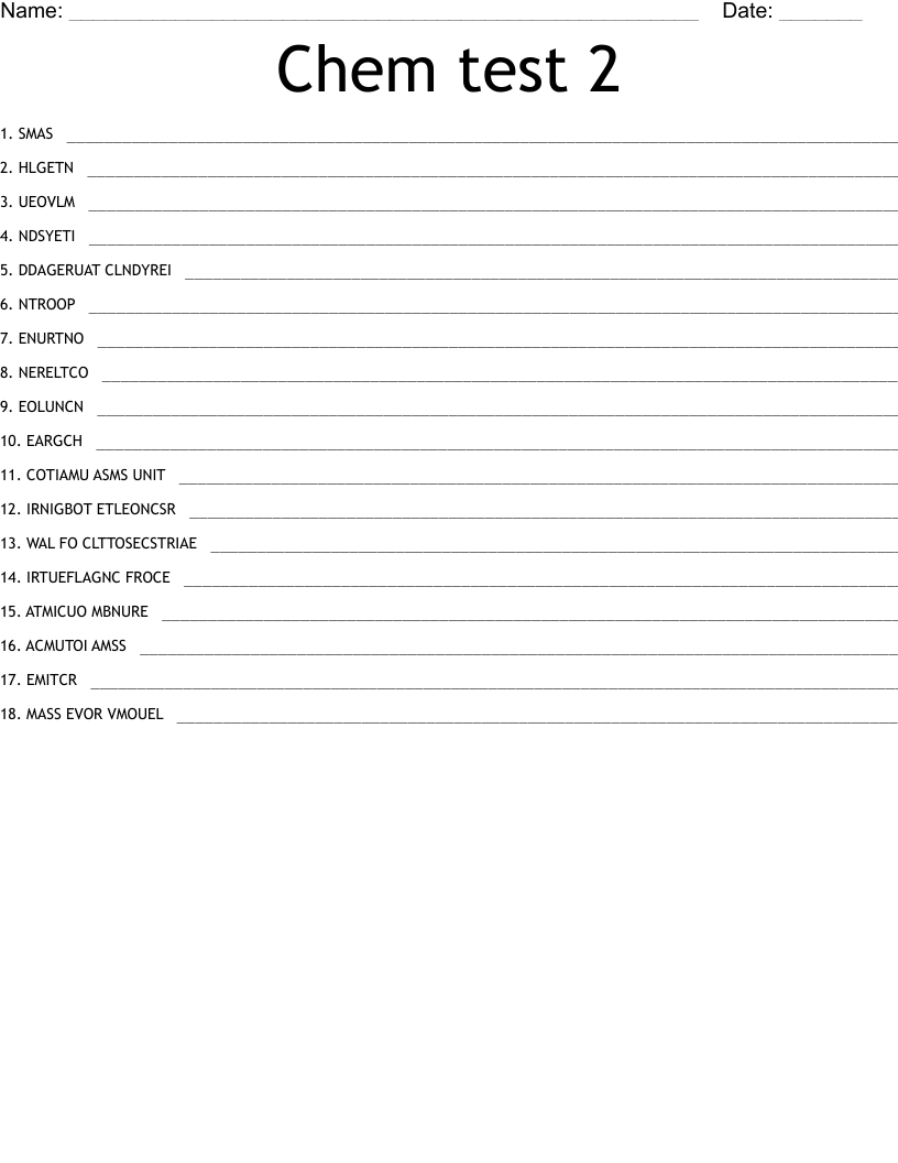 Chem test 2 Word Scramble WordMint