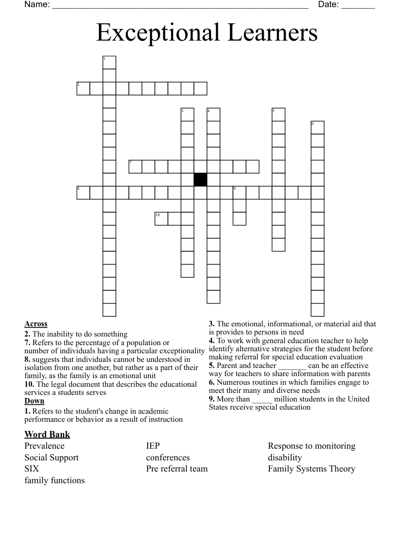 Exceptional Learners Crossword WordMint