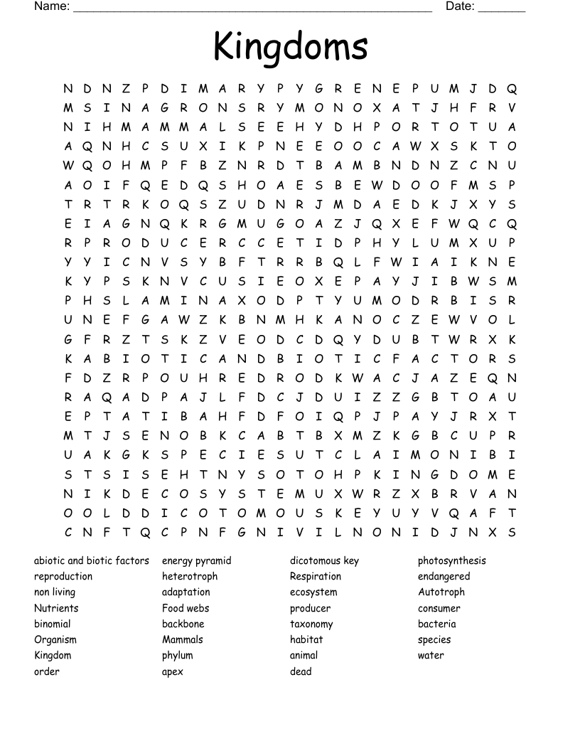 Kingdoms Word Search WordMint