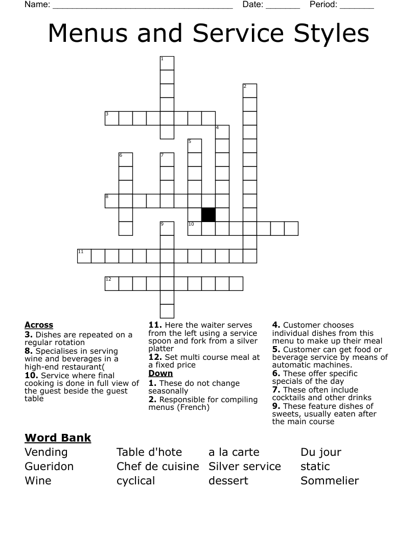 Types of Food Service Worksheet WordMint