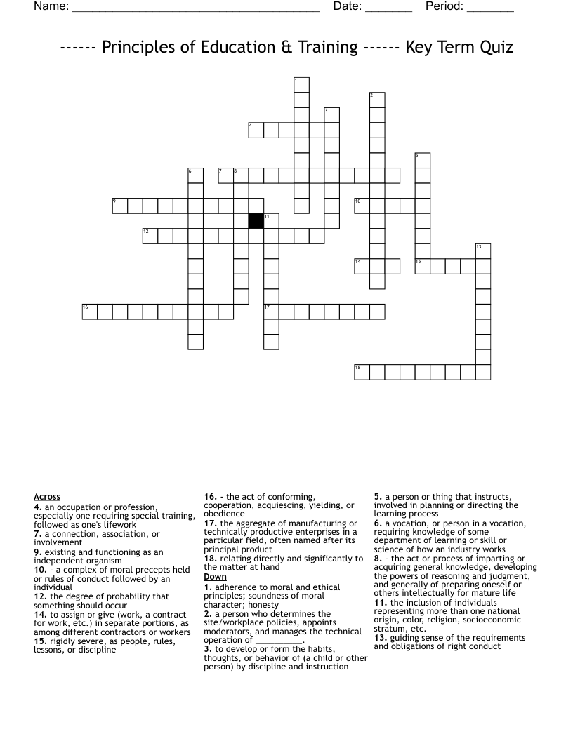 Principles of Education & Training Key Term Quiz Crossword WordMint