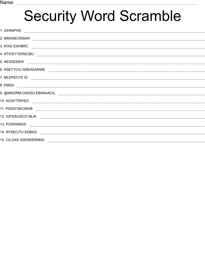 Computer Security Crosswords, Word Searches, Bingo Cards WordMint