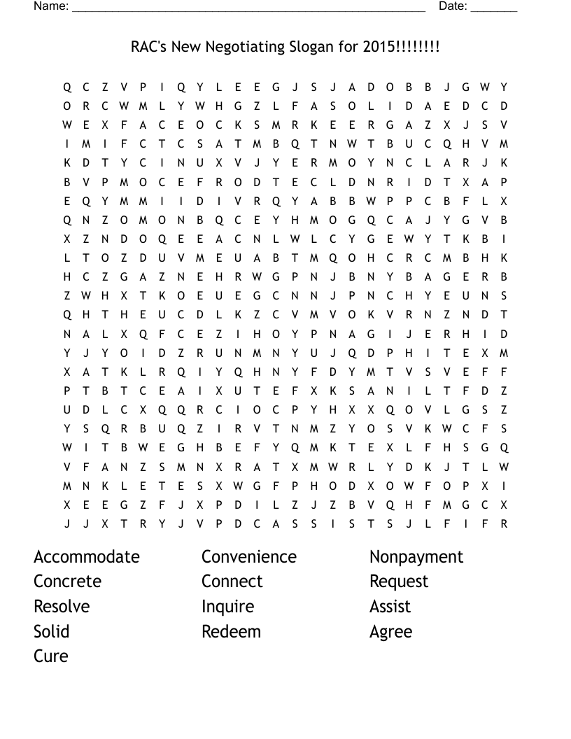 RAC's New Negotiating Slogan for 2015!!!!!!!! Word Search WordMint