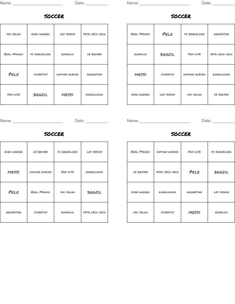 soccer Bingo Cards WordMint