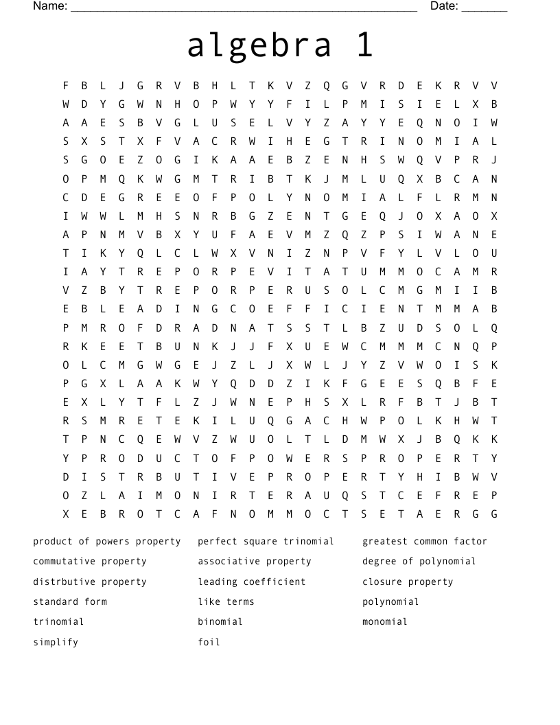 algebra 1 Word Search - WordMint