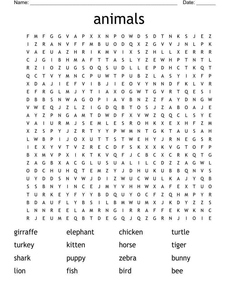 Easy Animal Word Search