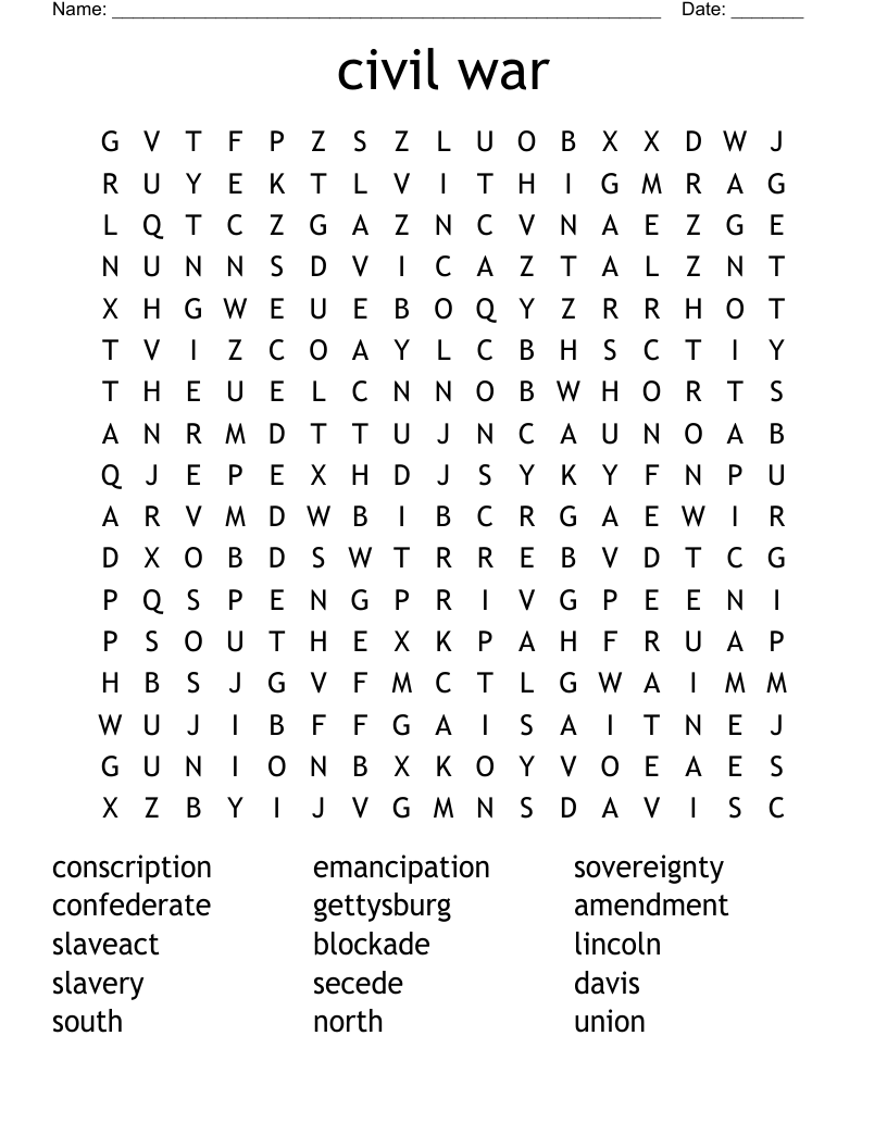 civil war Word Search - WordMint
