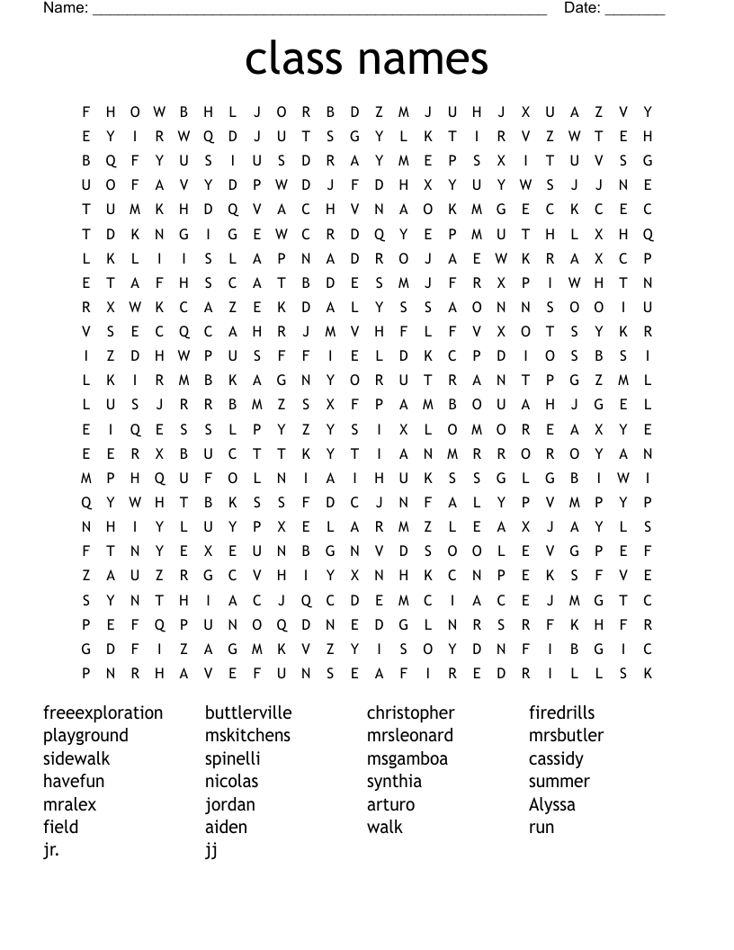 class names Word Search WordMint