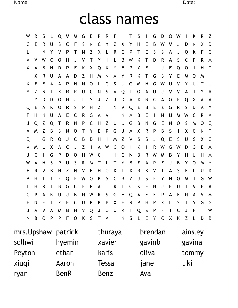 class names Word Search WordMint