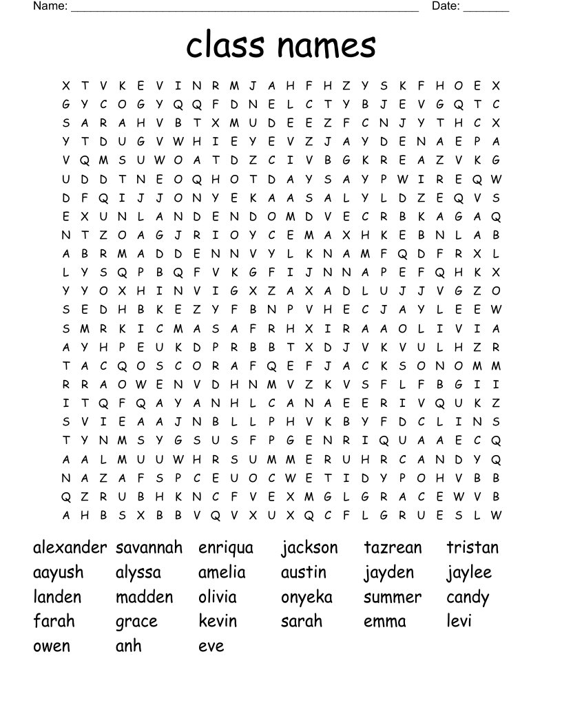 class names Word Search WordMint