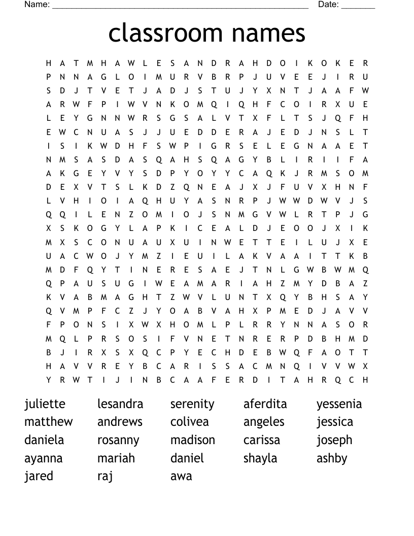 classroom names Word Search WordMint