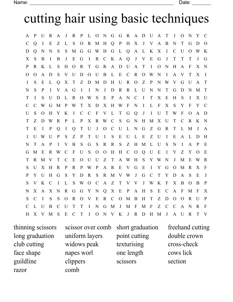 cutting hair using basic techniques Word Search WordMint