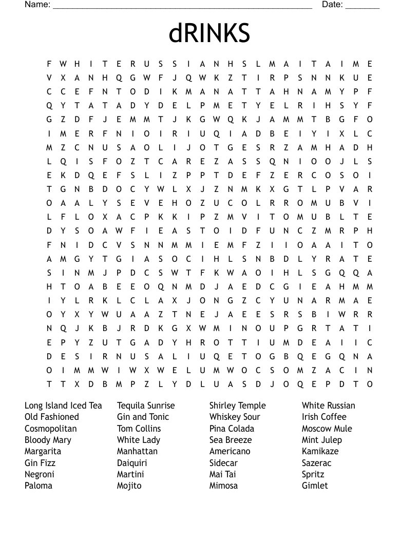 dRINKS Word Search WordMint