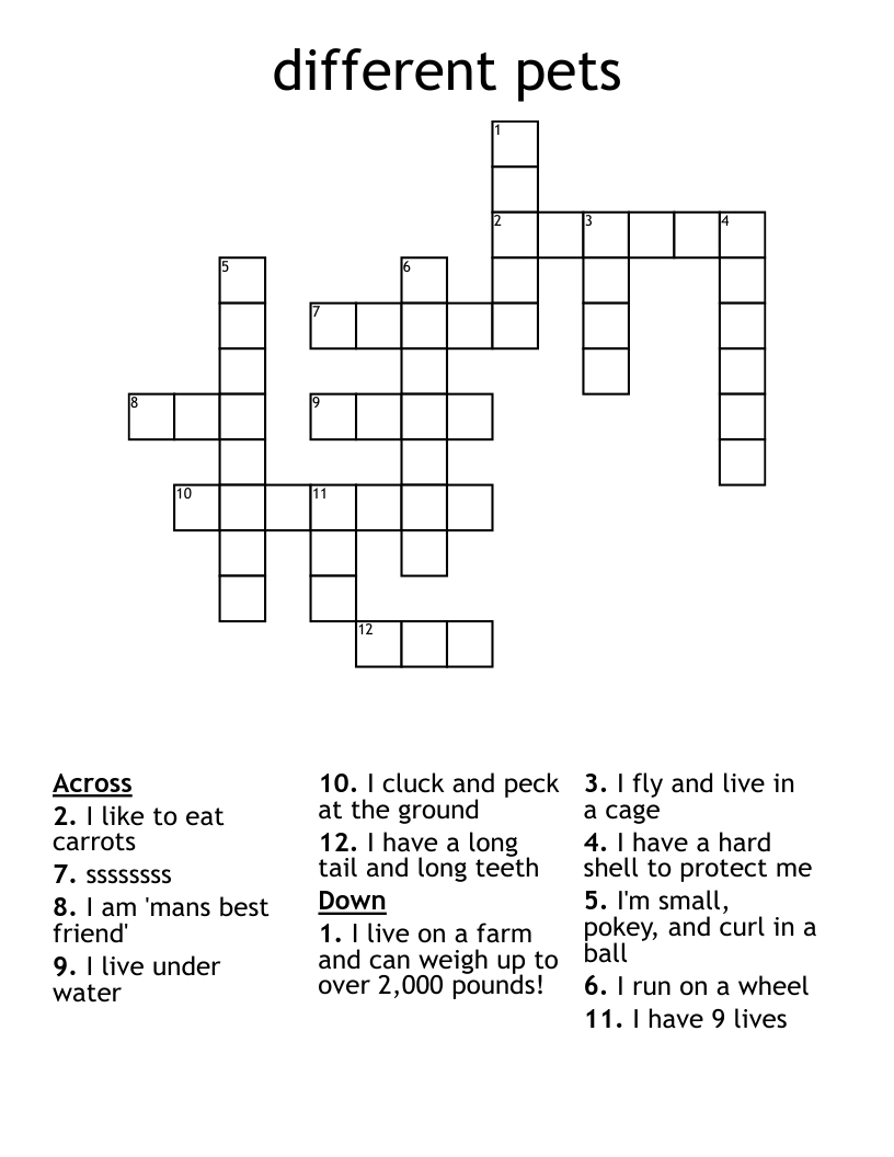 different pets Crossword WordMint