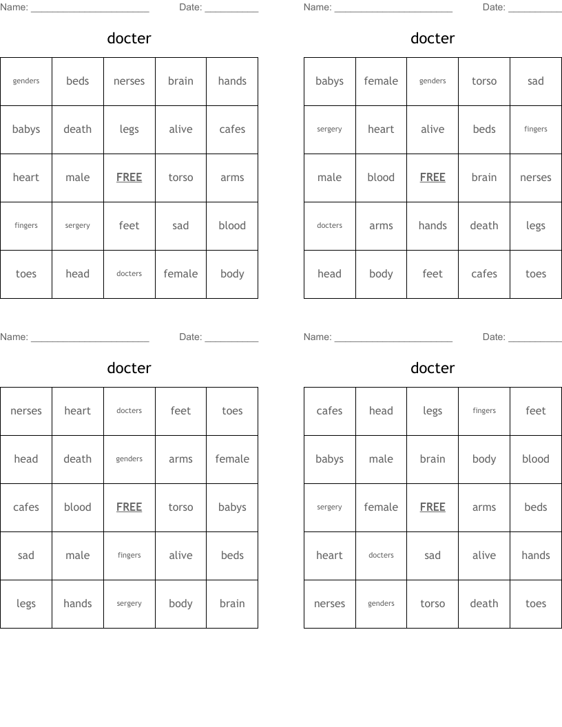docter Bingo Cards WordMint