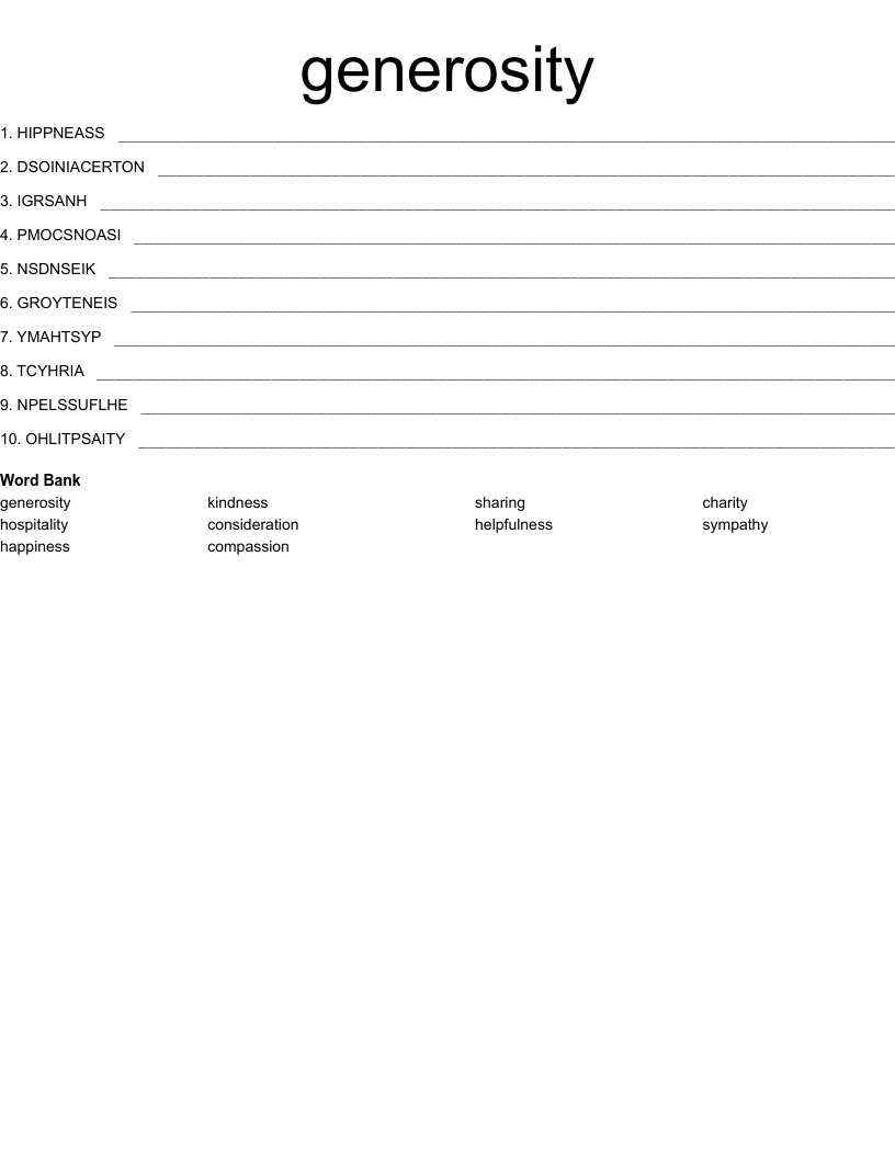 generosity Word Scramble WordMint