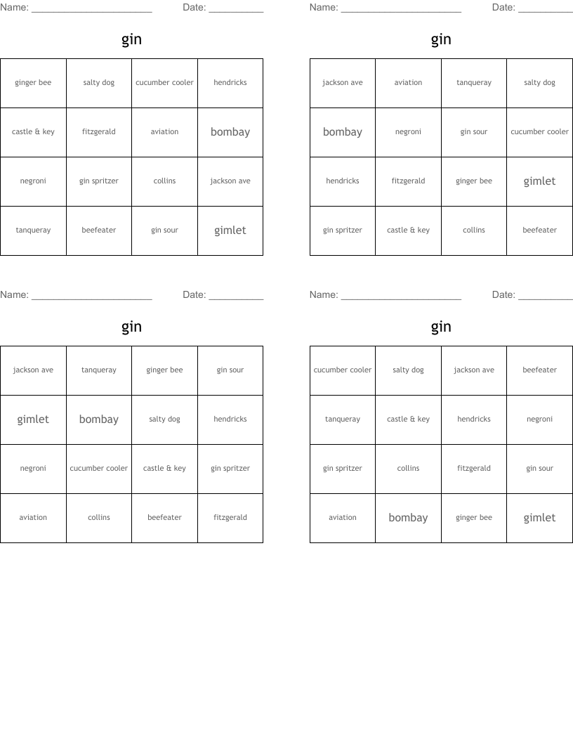 gin Bingo Cards WordMint
