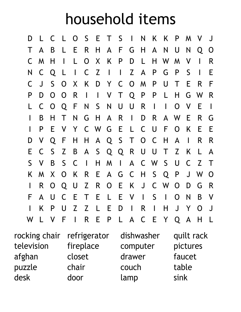 household items Word Search WordMint