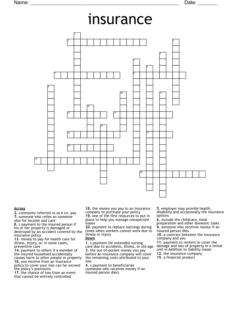 Types of Insurance Crossword WordMint