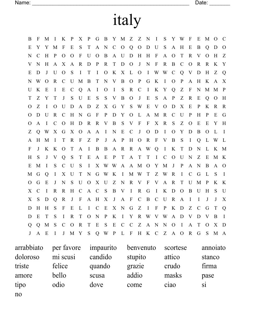 italy Word Search WordMint