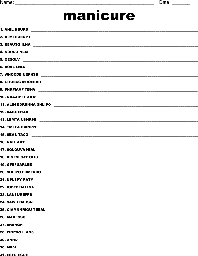 manicure Worksheet WordMint