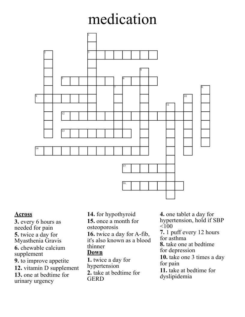 medication Crossword WordMint