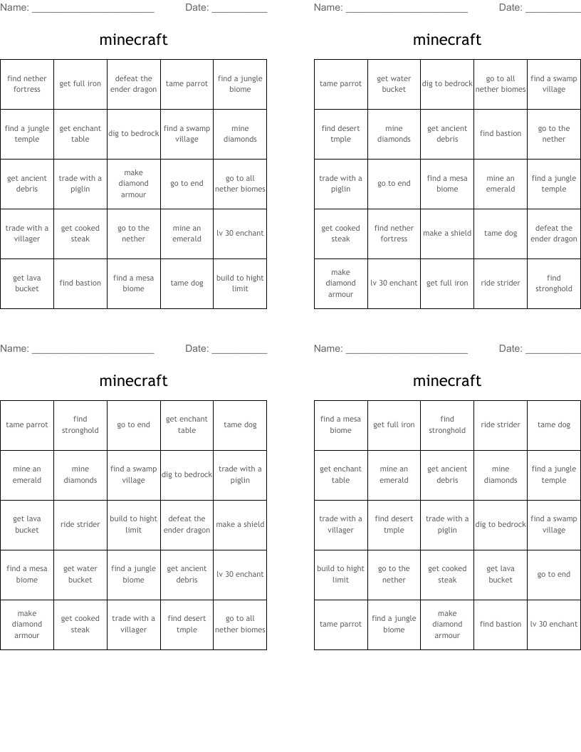 Minecraft Bingo Cards WordMint