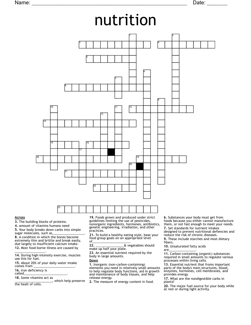 nutrition Crossword WordMint