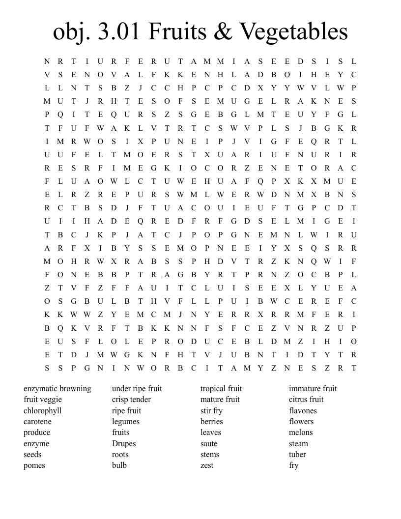 obj. 3.01 Fruits & Vegetables Word Search WordMint
