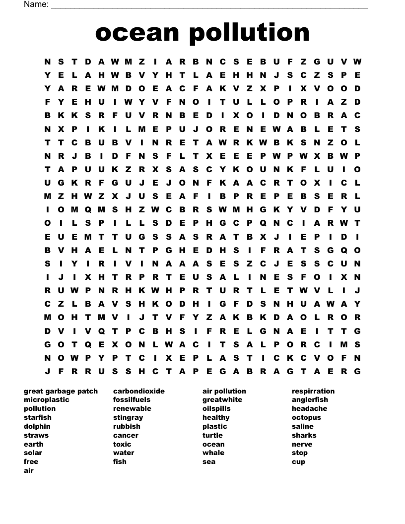 ocean pollution Word Search WordMint