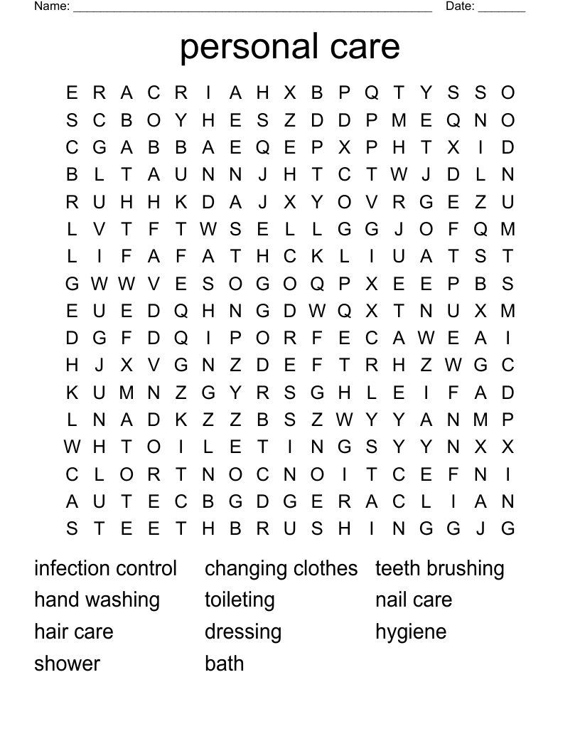 personal care Word Search WordMint