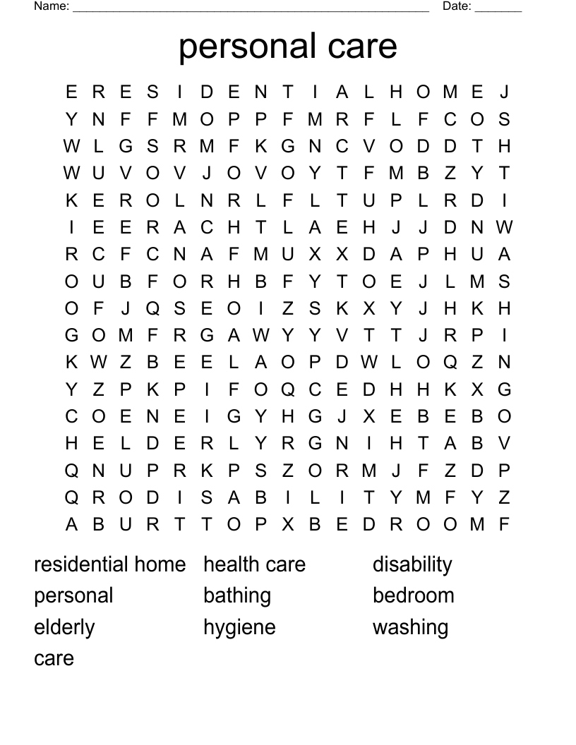 personal care Word Search WordMint