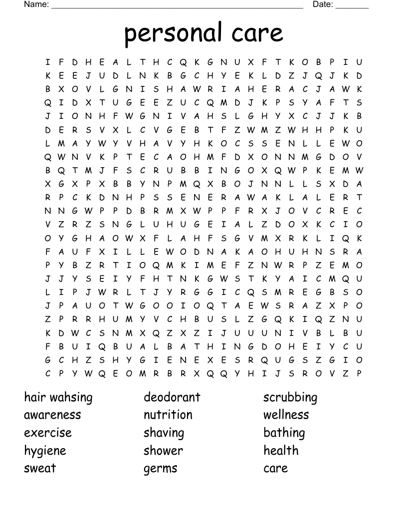 personal care Word Search WordMint