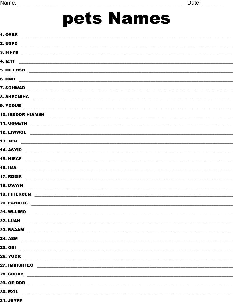 pets Names Word Scramble WordMint