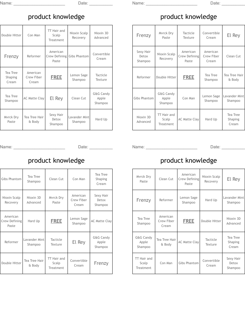 product knowledge Bingo Cards WordMint
