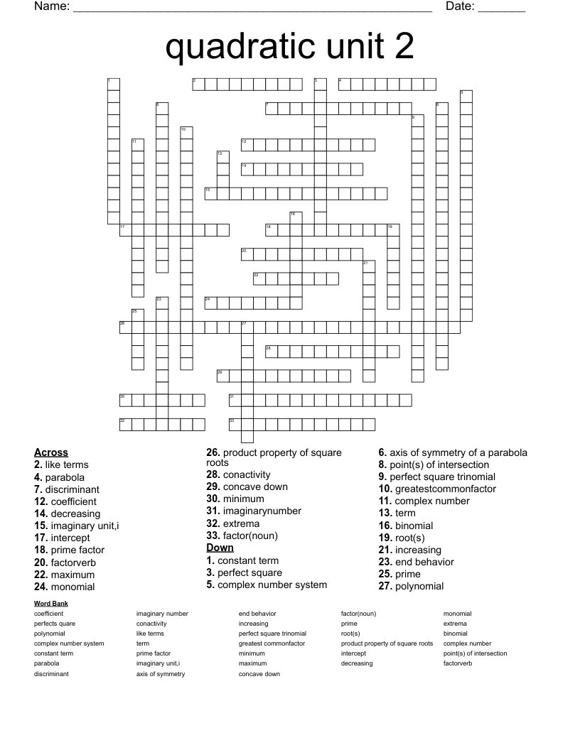 quadratic unit 2 Crossword WordMint