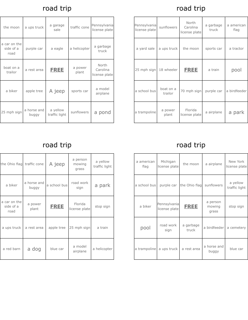 road trip Bingo Cards WordMint