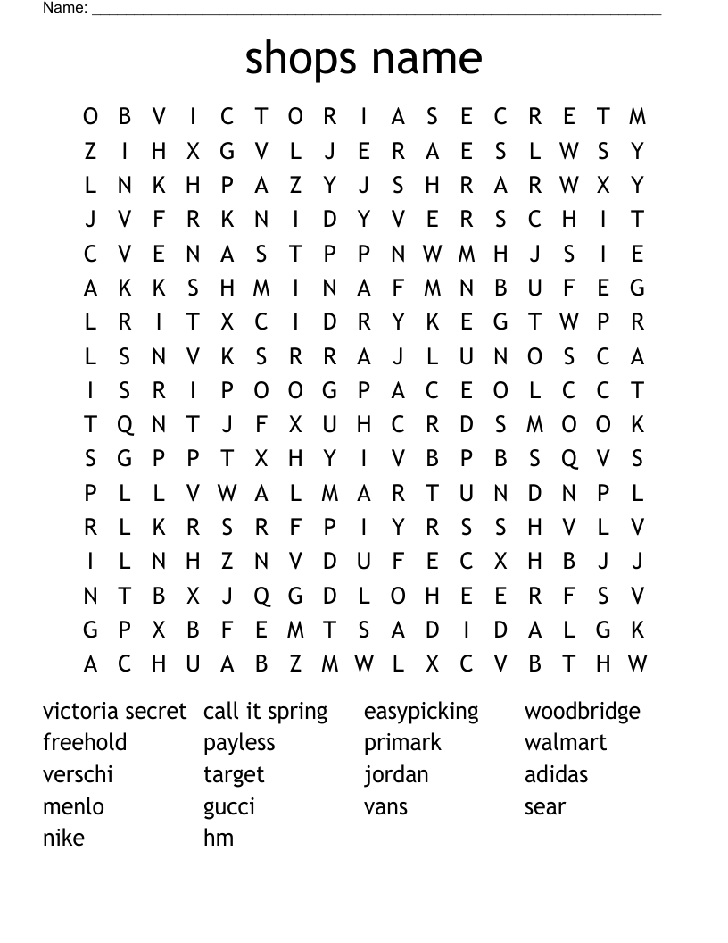 shops name Word Search WordMint