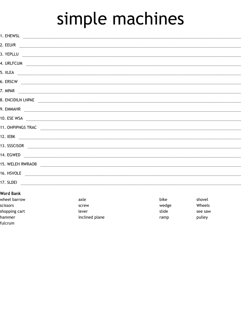 simple machines Word Scramble WordMint