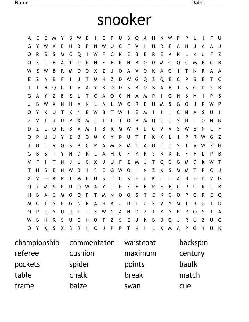 snooker Word Search WordMint