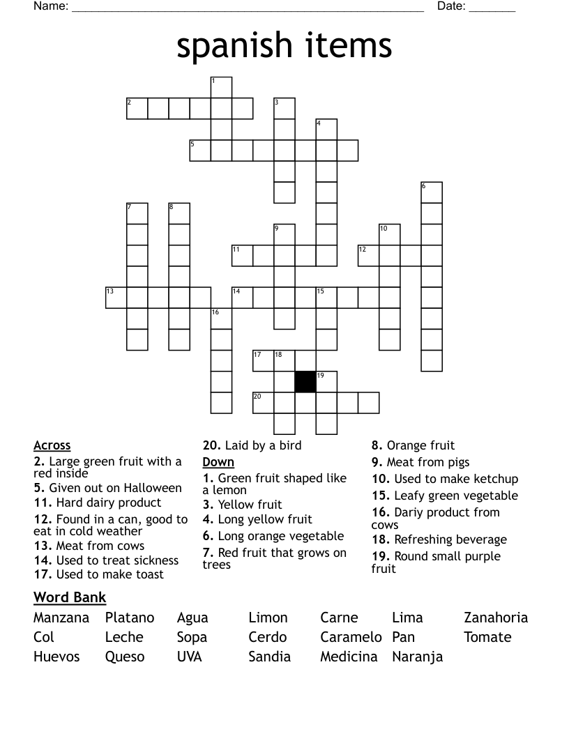 spanish items Crossword WordMint