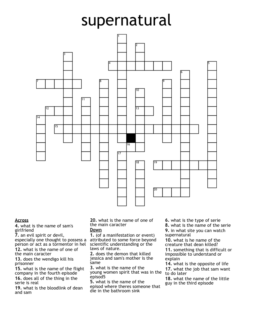 supernatural Crossword WordMint