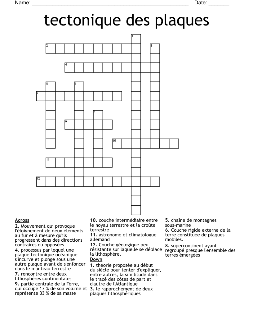 tectonique des plaques Crossword WordMint