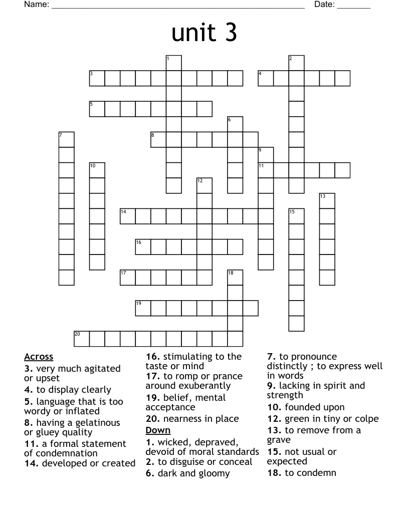Vocabulary Unit 3 Crossword Puzzle WordMint