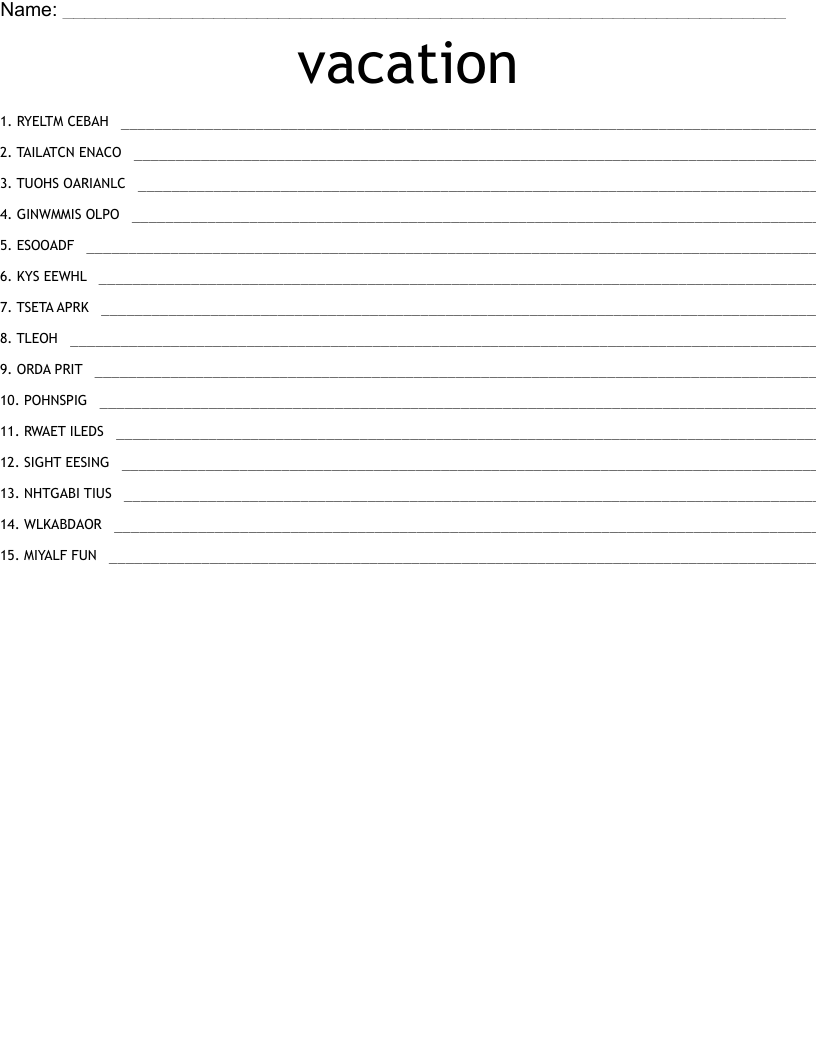 vacation Word Scramble WordMint
