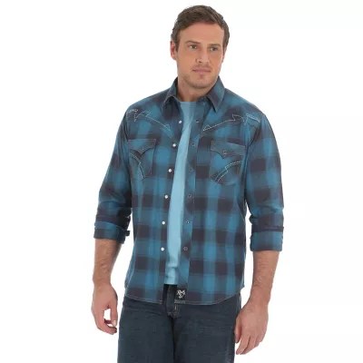 Men's Rock 47® by Wrangler® Embroidered Snap Contrast Trim Plaid Long