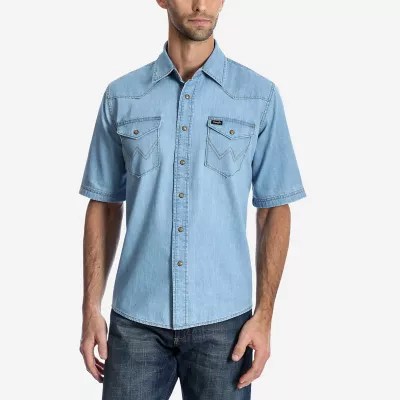 Men's Wrangler® Short Sleeve Western Snap Denim Shirt Mens Shirts by