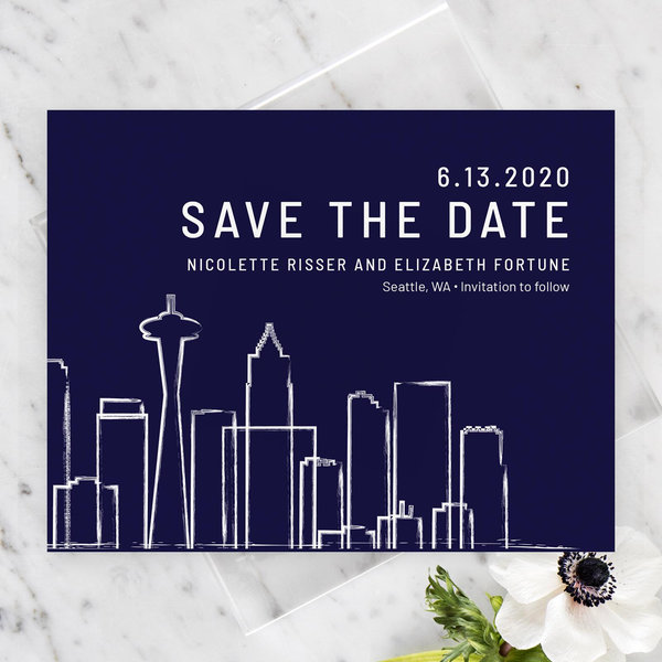 Save the Date Seattle skyline sent with matching