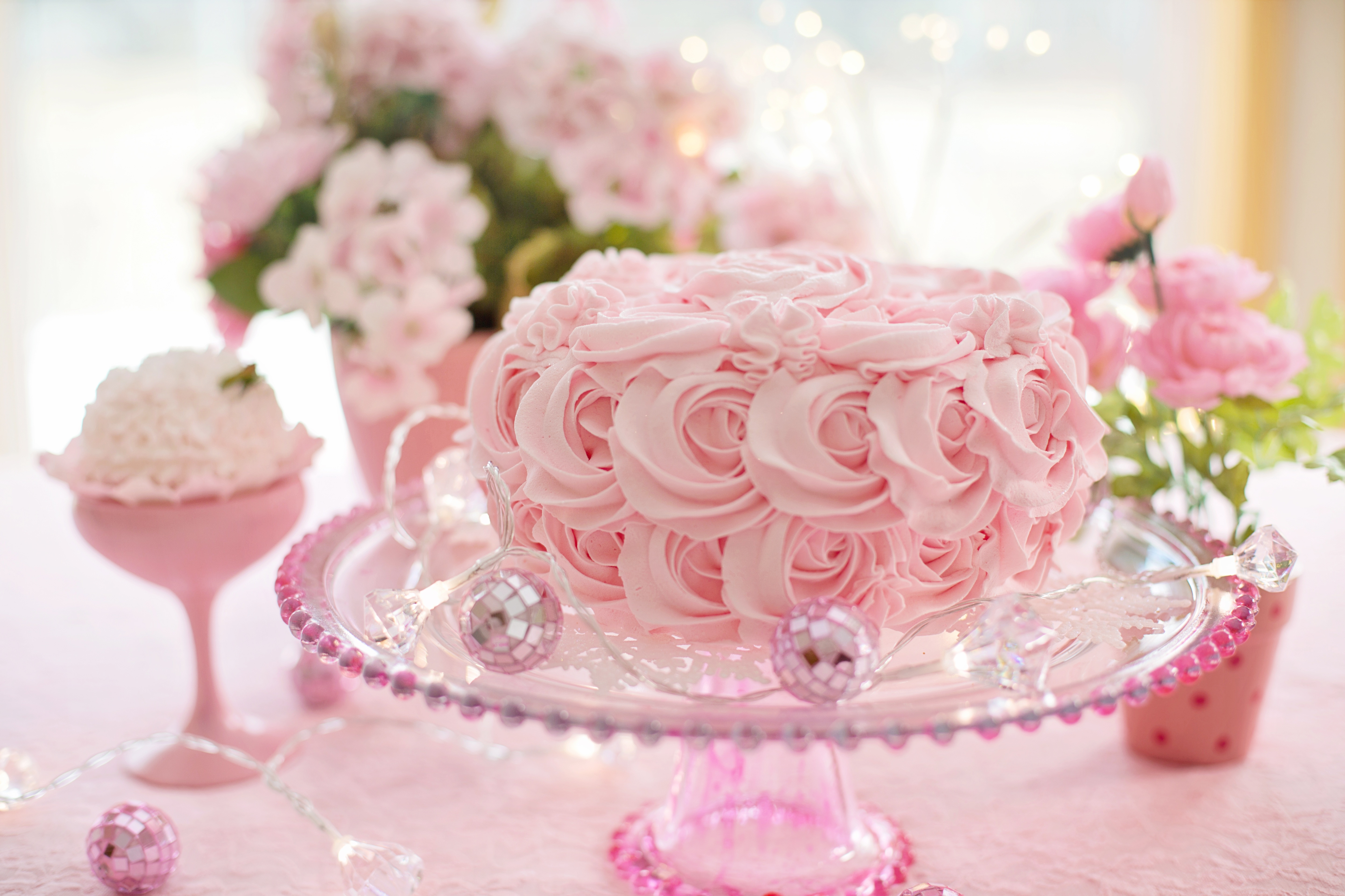 Download Depth Of Field Pink Rose Rose Still Life Pastry Food Cake 4k Ultra HD Wallpaper